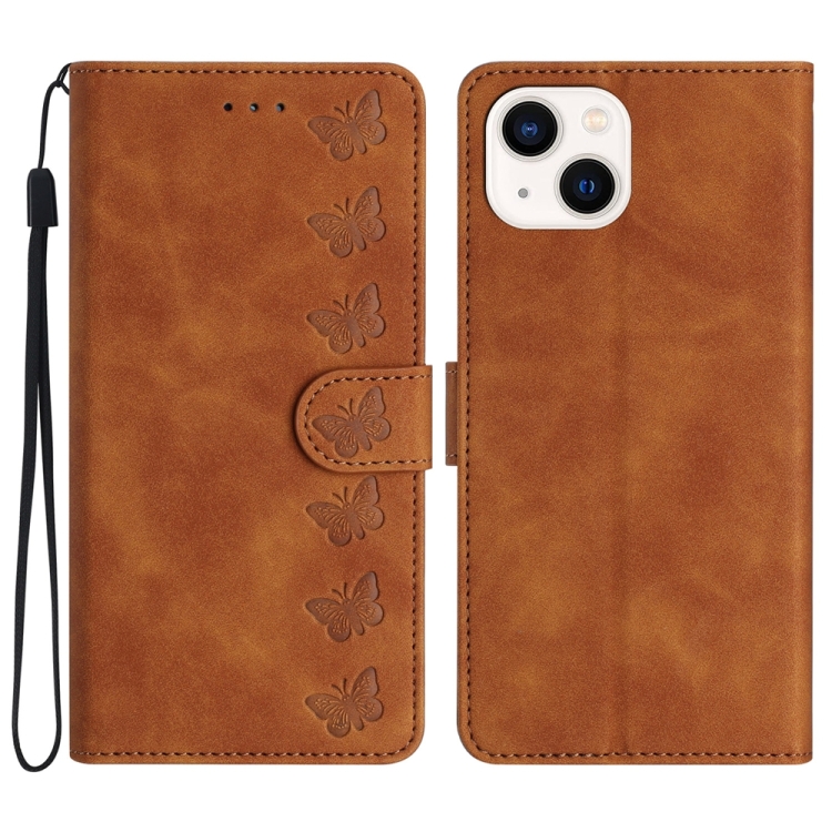 

For iPhone 13 mini Seven Butterflies Embossed Leather Phone Case(Brown)