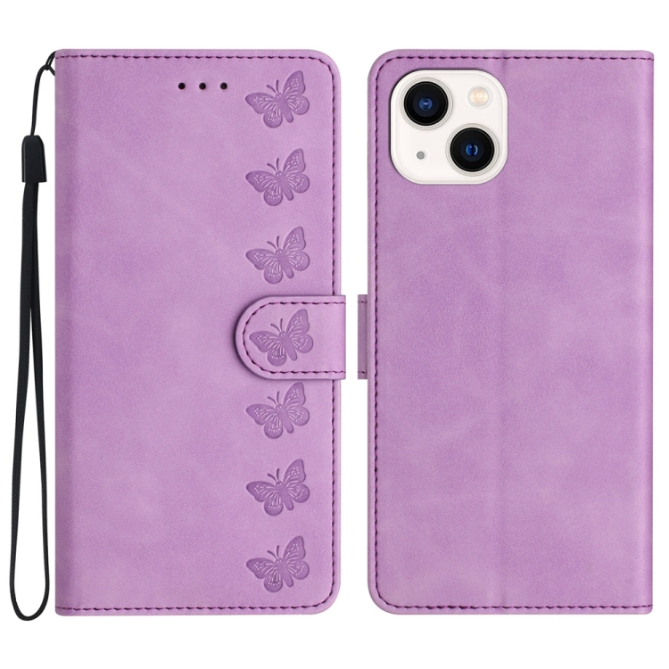

For iPhone 13 mini Seven Butterflies Embossed Leather Phone Case(Purple)