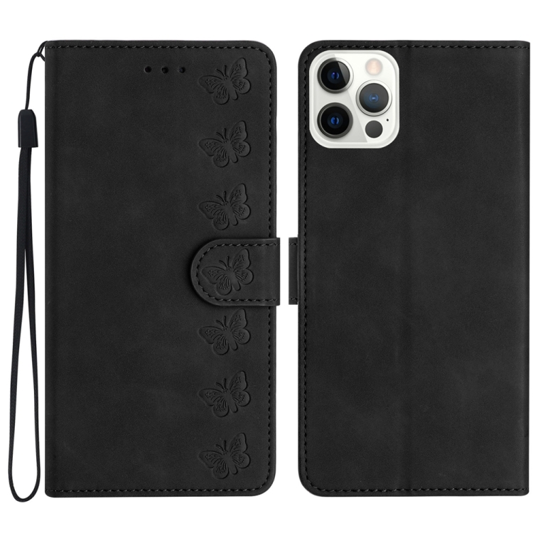 

For iPhone 13 Pro Seven Butterflies Embossed Leather Phone Case(Black)