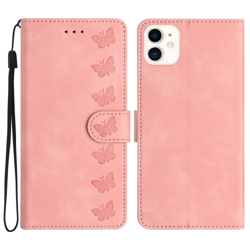 

For iPhone 12 Seven Butterflies Embossed Leather Phone Case(Pink)