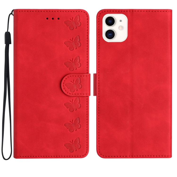 

For iPhone 12 Seven Butterflies Embossed Leather Phone Case(Red)