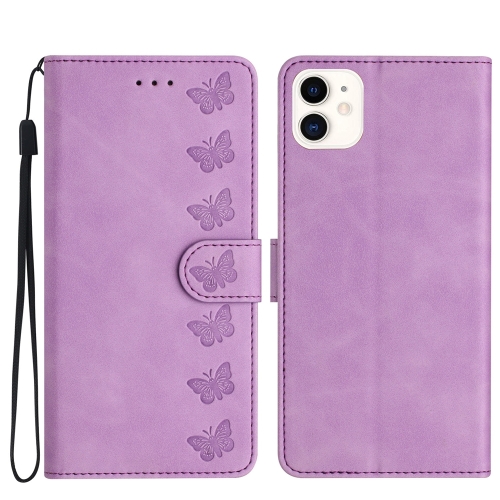 

For iPhone 12 Seven Butterflies Embossed Leather Phone Case(Purple)