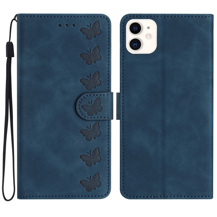 

For iPhone 12 Seven Butterflies Embossed Leather Phone Case(Blue)