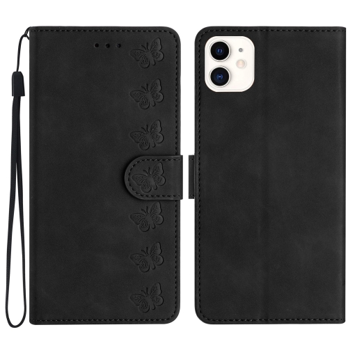 

For iPhone 11 Seven Butterflies Embossed Leather Phone Case(Black)