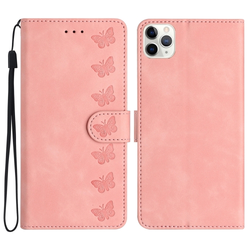 

For iPhone 11 Pro Seven Butterflies Embossed Leather Phone Case(Pink)