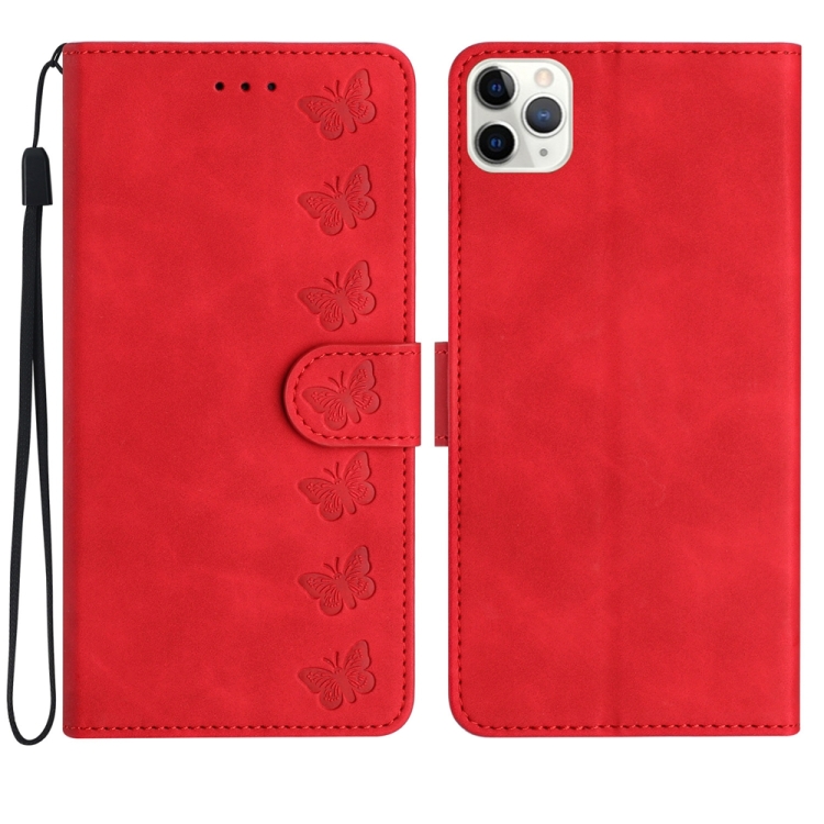 

For iPhone 11 Pro Seven Butterflies Embossed Leather Phone Case(Red)