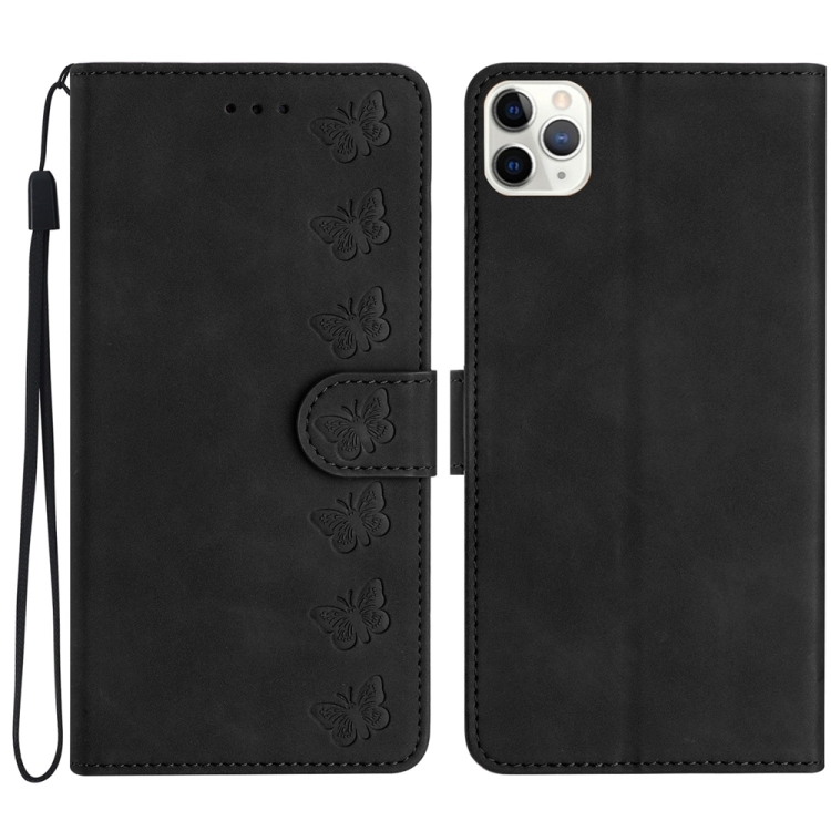 

For iPhone 11 Pro Seven Butterflies Embossed Leather Phone Case(Black)