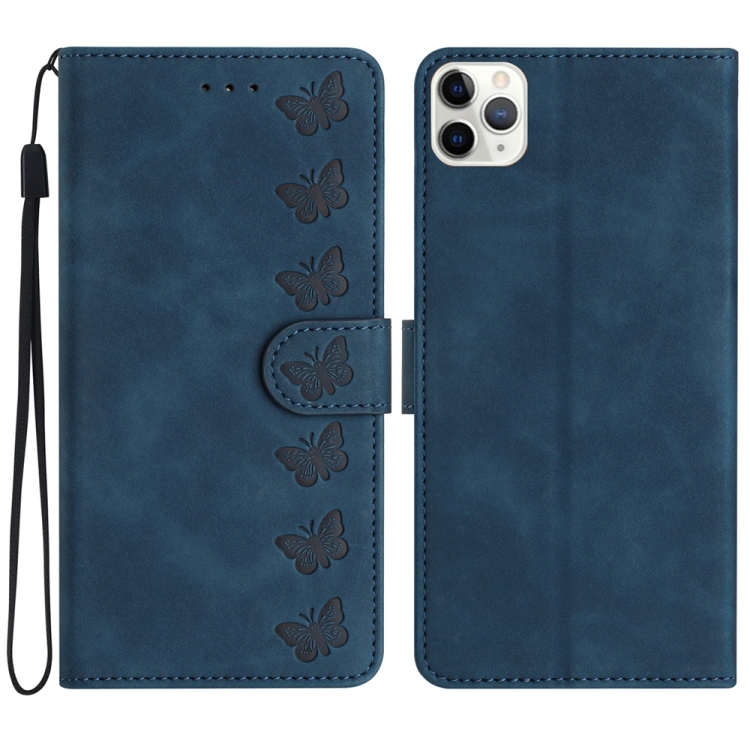 

For iPhone 11 Pro Seven Butterflies Embossed Leather Phone Case(Blue)