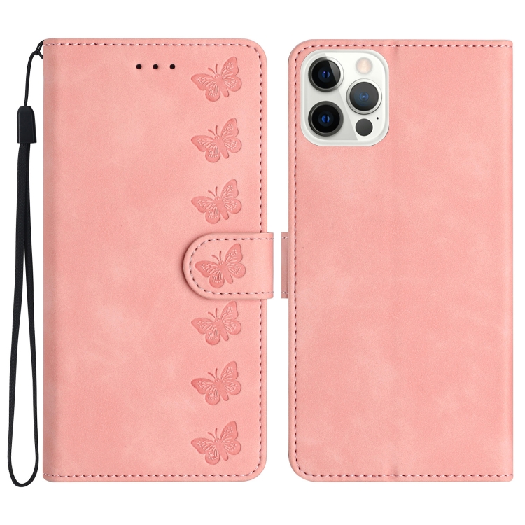 

For iPhone 15 Pro Max Seven Butterflies Embossed Leather Phone Case(Pink)