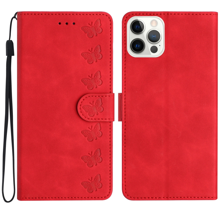

For iPhone 15 Pro Seven Butterflies Embossed Leather Phone Case(Red)