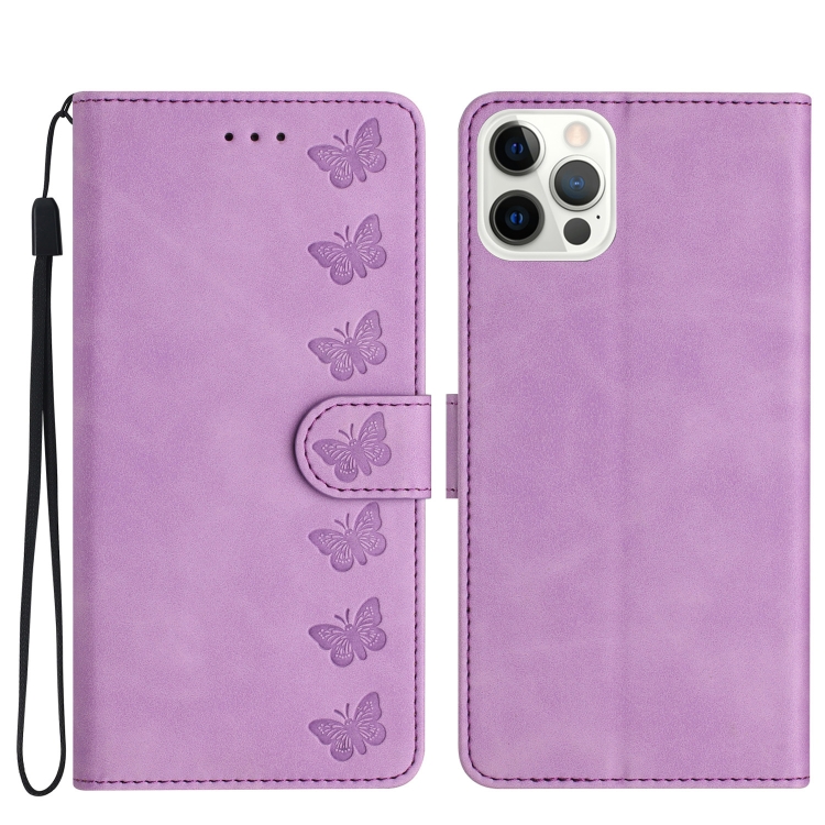 

For iPhone 15 Pro Seven Butterflies Embossed Leather Phone Case(Purple)