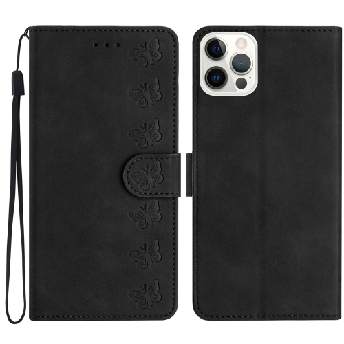 

For iPhone 15 Pro Seven Butterflies Embossed Leather Phone Case(Black)