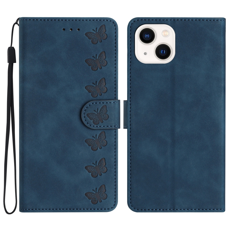 

For iPhone 15 Plus Seven Butterflies Embossed Leather Phone Case(Blue)