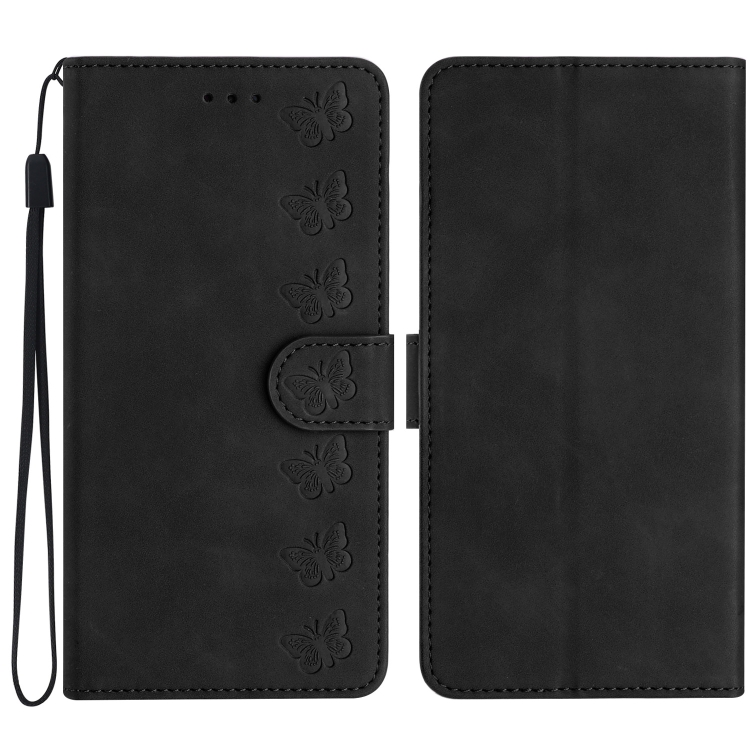 

For iPhone 16 Seven Butterflies Embossed Leather Phone Case(Black)