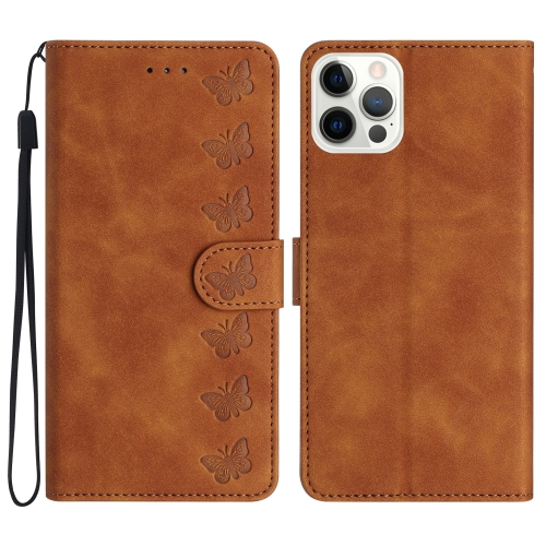 

For iPhone 16 Pro Max Seven Butterflies Embossed Leather Phone Case(Brown)