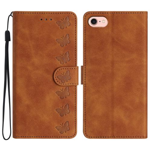 

For iPhone 16e Seven Butterflies Embossed Leather Phone Case(Brown)