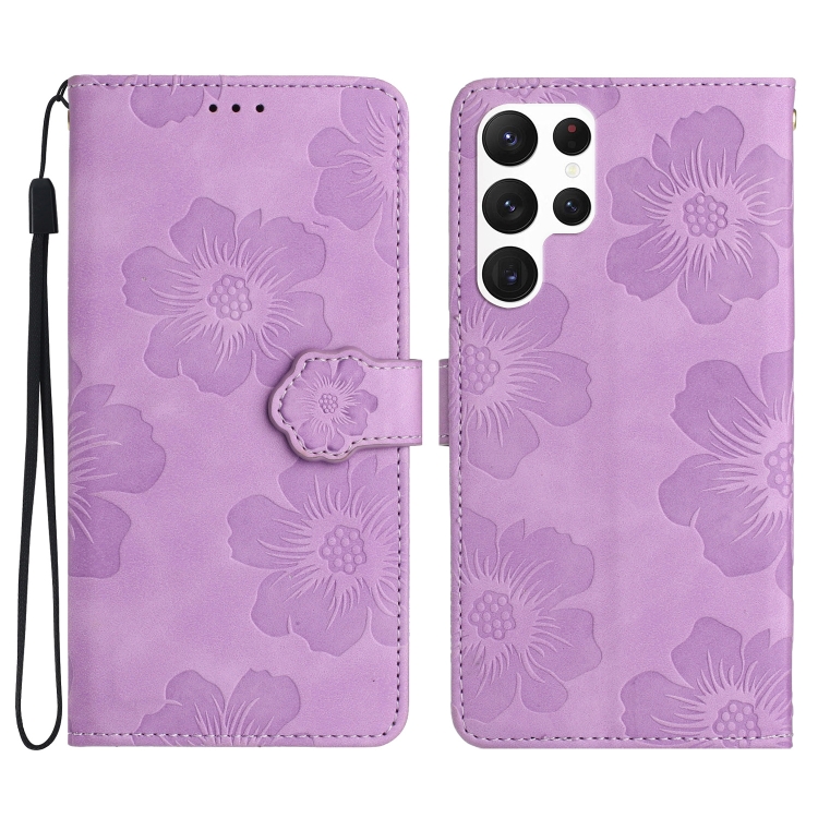 

For Samsung Galaxy S23 Ultra 5G Flower Embossing Pattern Leather Phone Case(Purple)