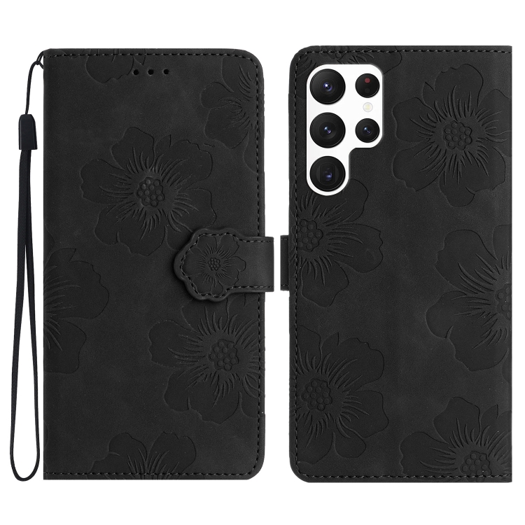 

For Samsung Galaxy S23 Ultra 5G Flower Embossing Pattern Leather Phone Case(Black)
