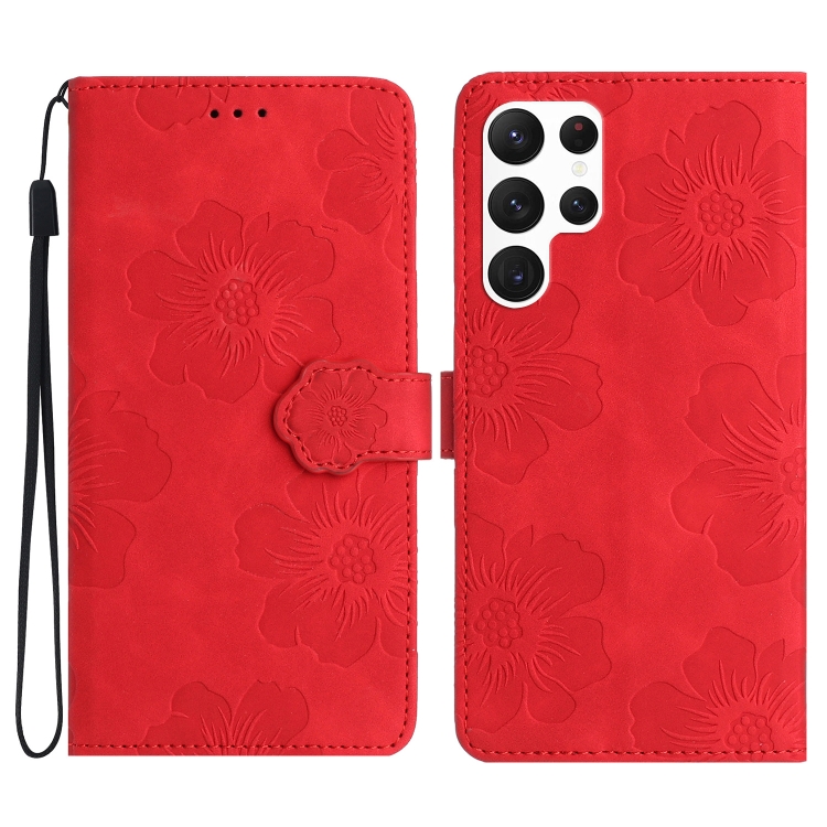 

For Samsung Galaxy S22 Ultra 5G Flower Embossing Pattern Leather Phone Case(Red)