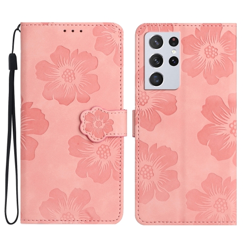 

For Samsung Galaxy S21 Ultra 5G Flower Embossing Pattern Leather Phone Case(Pink)