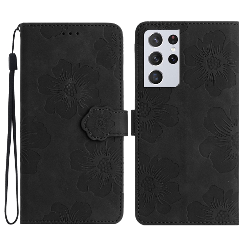

For Samsung Galaxy S21 Ultra 5G Flower Embossing Pattern Leather Phone Case(Black)