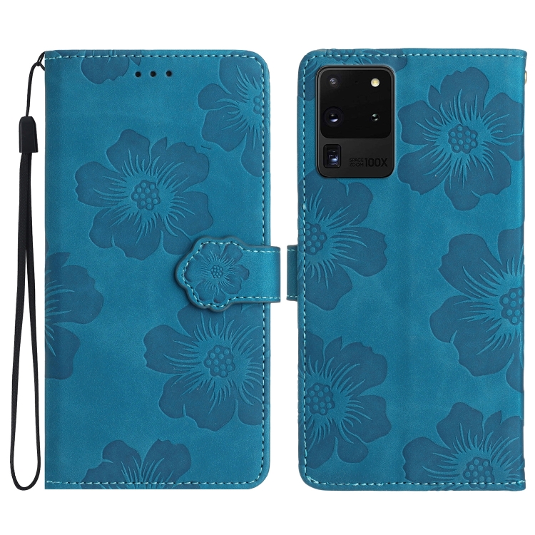 

For Samsung Galaxy S20 Ultra Flower Embossing Pattern Leather Phone Case(Blue)