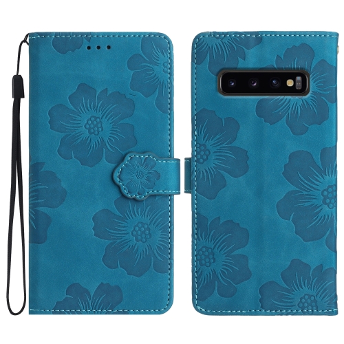 

For Samsung Galaxy S10+ Flower Embossing Pattern Leather Phone Case(Blue)