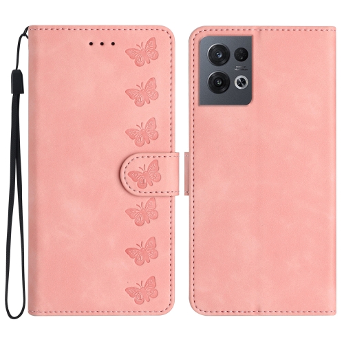 

For OPPO Reno8 Pro Seven Butterflies Embossed Leather Phone Case(Pink)