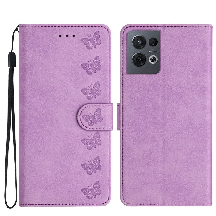 

For OPPO Reno8 Pro Seven Butterflies Embossed Leather Phone Case(Purple)
