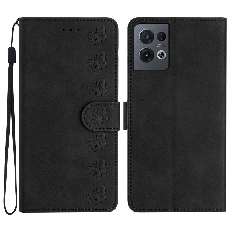 

For OPPO Reno8 Pro Seven Butterflies Embossed Leather Phone Case(Black)