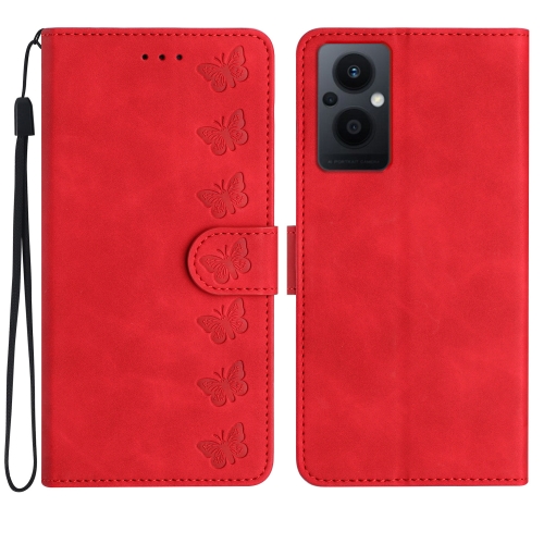 

For OPPO Reno8 Lite 5G Seven Butterflies Embossed Leather Phone Case(Red)