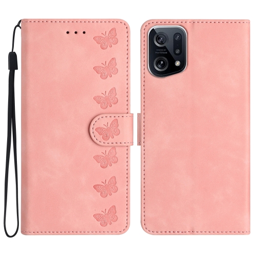 

For OPPO Find X5 Seven Butterflies Embossed Leather Phone Case(Pink)