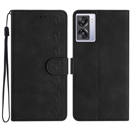 

For OPPO A57 2022 Seven Butterflies Embossed Leather Phone Case(Black)