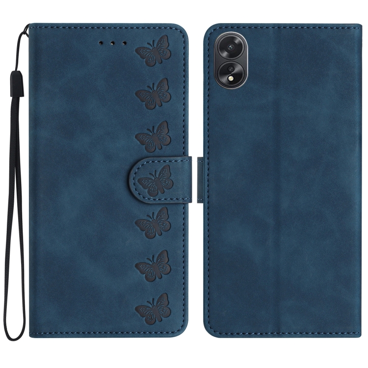 

For OPPO A78 Seven Butterflies Embossed Leather Phone Case(Blue)