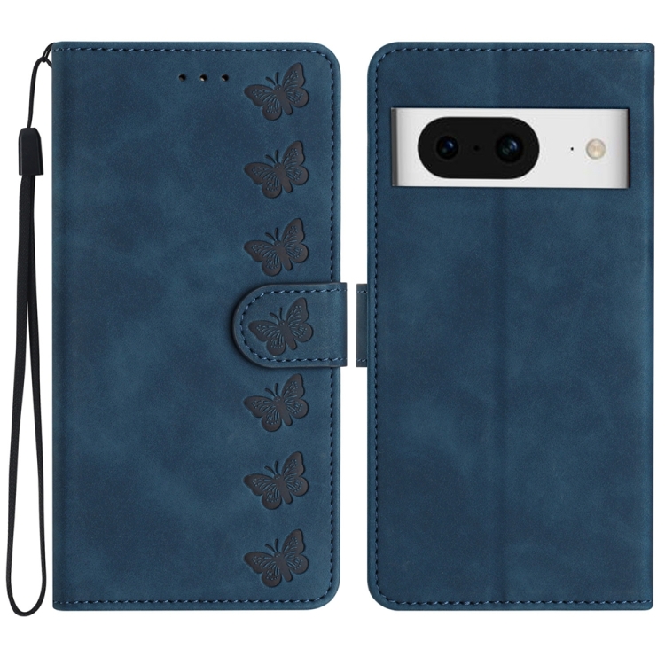 

For Google Pixel 8 Seven Butterflies Embossed Leather Phone Case(Blue)