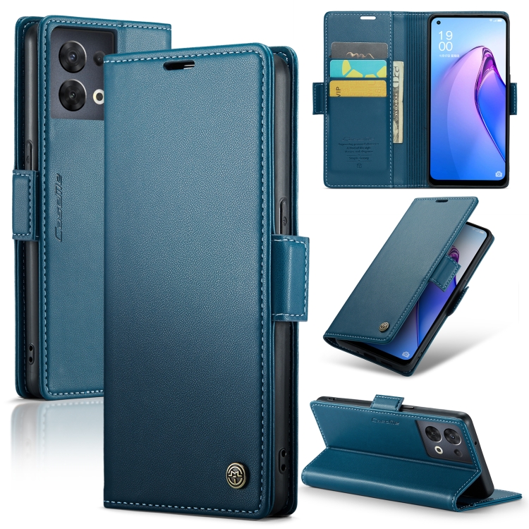 

For OPPO Reno8 5G Global CaseMe 023 Butterfly Buckle Litchi Texture RFID Anti-theft Leather Phone Case(Blue)