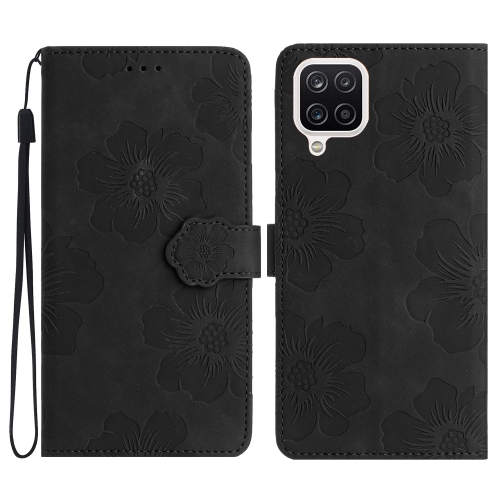 

For Samsung Galaxy A12 Flower Embossing Pattern Leather Phone Case(Black)