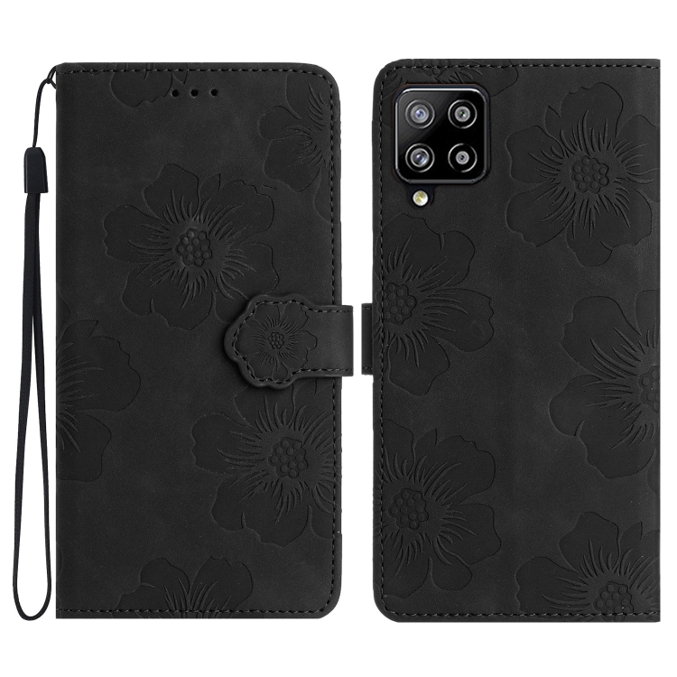 

For Samsung Galaxy A22 4G Flower Embossing Pattern Leather Phone Case(Black)
