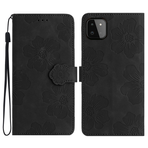 

For Samsung Galaxy A22 5G Flower Embossing Pattern Leather Phone Case(Black)