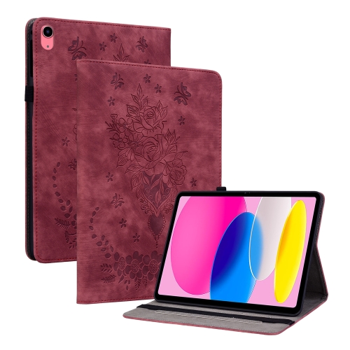 

For iPad 10th Gen 10.9 2022 Butterfly Rose Embossed Leather Tablet Case(Red)