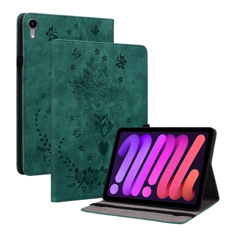 

For iPad mini 6 Butterfly Rose Embossed Leather Smart Tablet Case(Green)