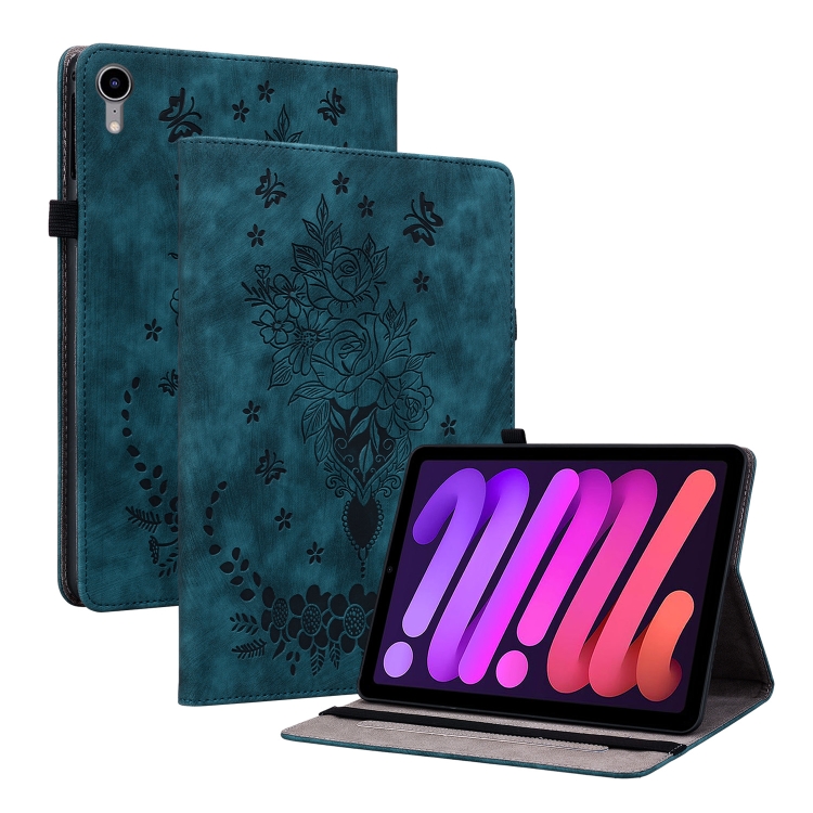 

For iPad mini 6 Butterfly Rose Embossed Leather Smart Tablet Case(Dark Blue)