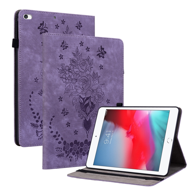 

For iPad mini 5 / 4 / 3 / 2 / 1 Butterfly Rose Embossed Leather Smart Tablet Case(Purple)