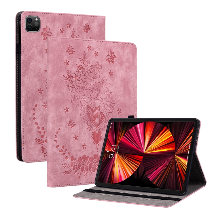 

For iPad Pro 11 2021 / Air 4 2020 Butterfly Rose Embossed Leather Smart Tablet Case(Pink)