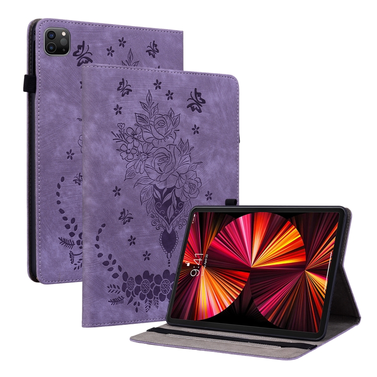 

For iPad Pro 11 2021 / Air 4 2020 Butterfly Rose Embossed Leather Smart Tablet Case(Purple)