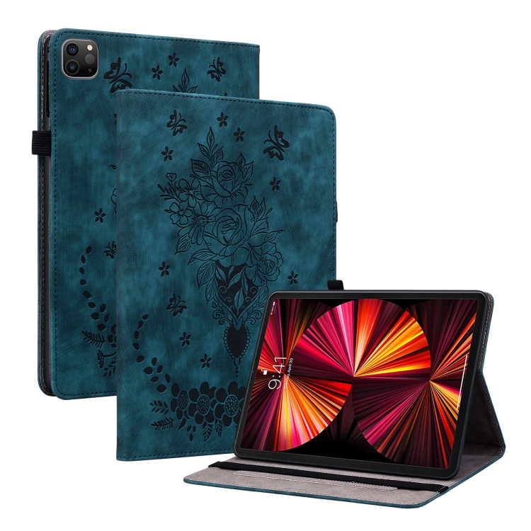 

For iPad Pro 11 2021 / Air 4 2020 Butterfly Rose Embossed Leather Smart Tablet Case(Dark Blue)