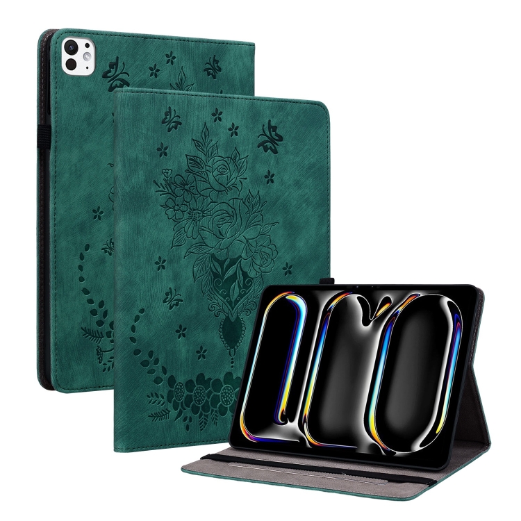 

For iPad Pro 11 2024 Butterfly Rose Embossed Leather Smart Tablet Case(Green)