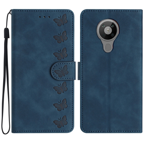 

For Nokia 5.3 Seven Butterflies Embossed Leather Phone Case(Blue)