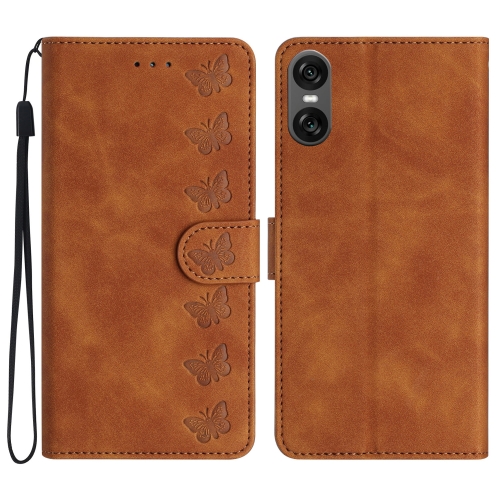 

For Sony Xperia 10 VI Seven Butterflies Embossed Leather Phone Case(Brown)