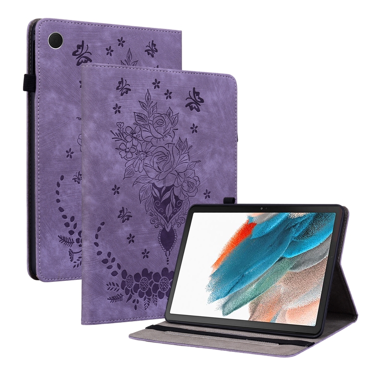 

For Samsung Galaxy Tab A8 10.5 2021 X205 Butterfly Rose Embossed Leather Smart Tablet Case(Purple)